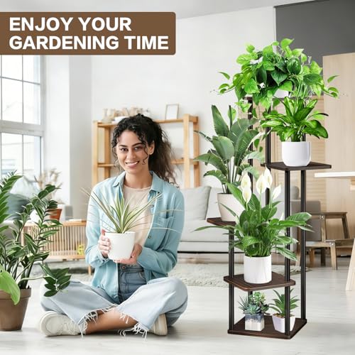 5 Tier Plant Stand Indoor, Thickened Metal Wood Corner Plant Shelf Stands for Multiple Plants, Indoor Tall Plants Stand Tiered Flower Holder for Living Room Patio Garden Balcony(Black+Oak) - color: Black+Oak, size: 5 Tier