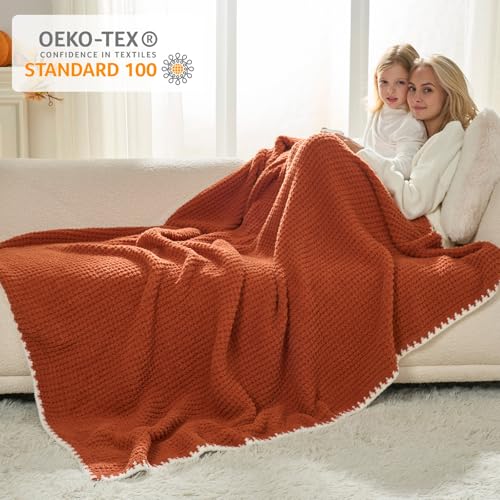 Snuggle Sac Orange Waffle Throw Blanket for Couch Bed Sofa 50x60 inches, Reversible Blanket Microfiber Fluffy Fuzzy Cozy Knit Soft Throws for Women Mothers Birthday Gifts - color: Waffle Orange 2, size: Throw(50"x60")