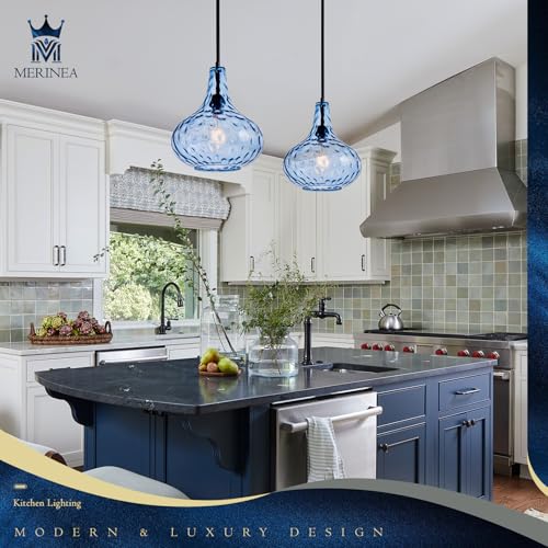 11" Hand-Blown Blue Glass Pendant Light, Hammered Glass Shade with Black Finish, Adjustable Modern Hanging Light Fixture for Kitchen Island, Dining Room, Hallway, Living Room - color: Blue Rod