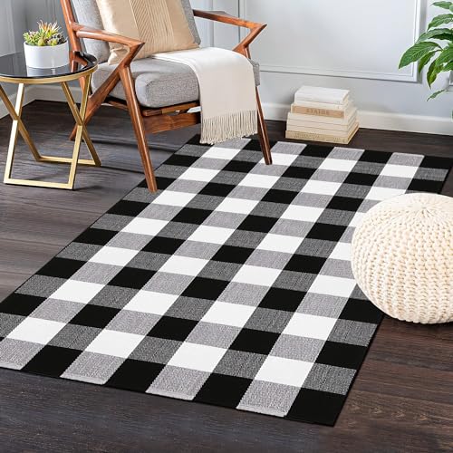 Buffalo Plaid Rug 3'x5' Black and White Checkered Rug Front Door Mat Outdoor Cotton Washable Front Porch Rug Layered Doormats for Front Porch/Farmhouse/Entryway - size: 3'x 5'