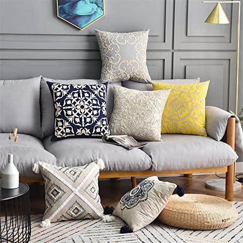 DOKOT Embroidery Throw Pillow Covers Square Cushion Case 100% Cotton with Zipper for Home Decorative 20x20 inches(50x50cm) Beige - size: 20" x 20" (Pack of 1)