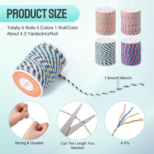 17.2 Yards 1.5mm 4-Ply Polycotton Metallic Cord Colorful Macrame Braided Cord Jewelry Beading Thread for String Wall Hangings Plant Hanger String Knitting Macrame Rope Bracelet DIY Craft - color: Mixed Color 8, size: 1.5mm