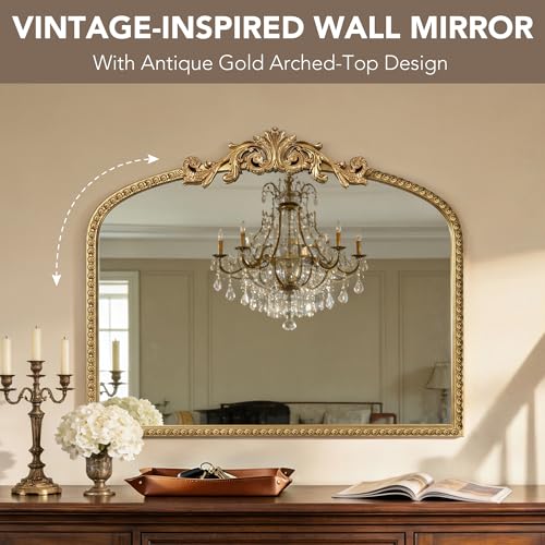 Arched Gold Carved Wall Mirror - 28''x36'' Vintage Gold Large Baroque Wall-Mounted Mirror - Iron Frame with Beaded Trim - Antique French Ornate Mirror for Entryway/Hallway/Fireplace/Bathroom - color: Carving - Vintage Gold (28"l X 36"w)