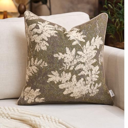 Yangest Neutral Leaf Pillow Cover 18 x18 Inches, Vintage Chenille Square Throw Pillow Cover Soft Leaves Nature Accent Couch Pillow Cover for Living Room Bedroom, Beige - color: Beige, size: 18" x 18" (Pack of 1)