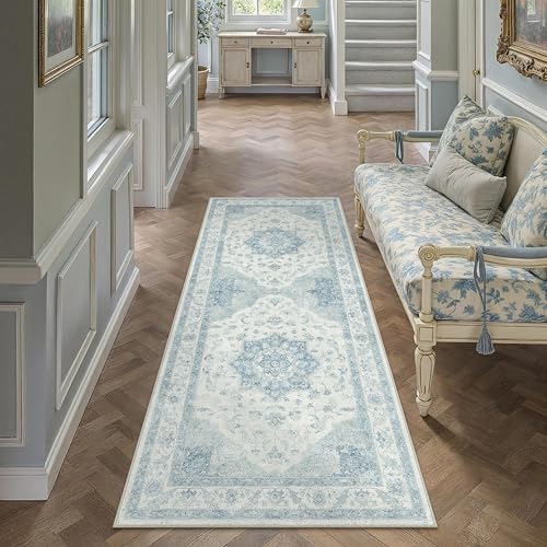 PureCozy Blue Runner Rug 2x6 Washable Vintage Carpet for Hallway Kitchen Soft Retro Low Pile Thin Indoor Runner Non Slip Oriental Medallion Long Throw Rug for Bathroom Bedroom Laundry Dining Room - color: Blue, size: 2' x 6' (Runner)