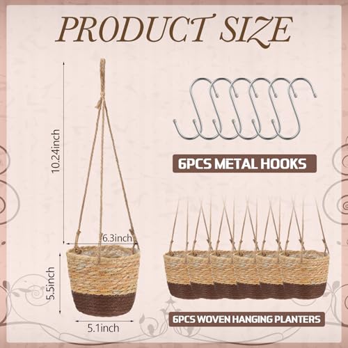 6 Pcs Seagrass Hanging Planter Basket Hand Woven Plant Basket with Plastic Liners Hanging Plant Holder Storage Containers with Cotton Rope for Indoor Garden Decor (Small,Brown,Coffee Brown) - color: Brown, Coffee Brown, size: Small