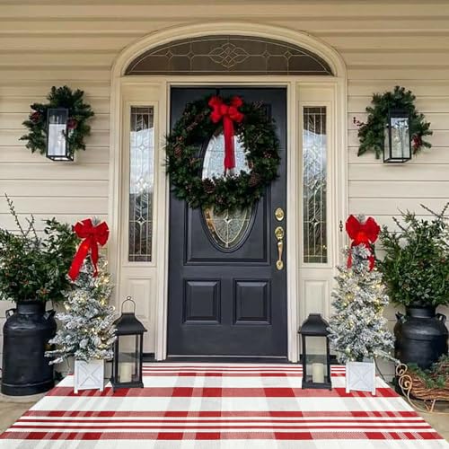 Christmas Door Mat Outdoor 4' x 6' Red and White Plaid Rug Christmas Decor Rug Cotton Hand-Woven Layered Door Mats Washable Carpet for Front Porch, Kitchen, Farmhouse, Entryway - color: Red&white Plaid, size: 4' x 6' (Rectangular)