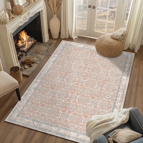jinchan Area Rug 5x7 Washable Pink Vintage Rug Indoor Mat Traditional Foldable Distressed Thin Retro Floral Print Rug Floor Non Slip Carpet Kitchen Bedroom Living Room Dining Room - color: Vintage Pink, size: 5' x 7' (Rectangular)