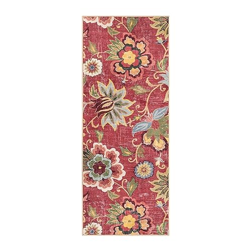 Beeiva Washable Laundry Room Rug Runner, 2x5 Red Ultra Thin Floral Kitchen Rugs Non Slip Washable, Vintage Small Bedside Christmas Rug Runner Lightweight Indoor Carpet for Entryway Bedroom - color: Red, size: 2' x 5' (Rectangular)
