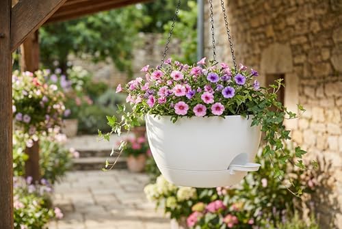 Hanging Planters, 3-Pack 10 Inch Self-Watering Pots with Drainage Holes and Chains, Matte Plastic Planters for Indoor/Outdoor Plant（White） - color: White, size: 10 inches