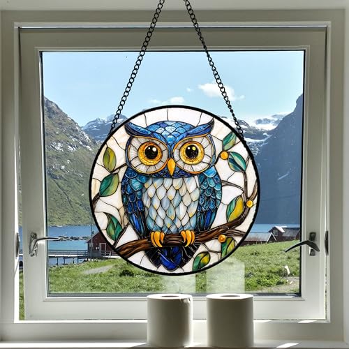 DASTOLL Stained Glass Window Hanging, Owl Gifts for Women Sun Catchers Diamond Glass Panel Hangings Birds Suncatcher Decor for Birthday for Women, Men, Wife, Aunt, and Mom 11.8x11.8 in - color: Blue, size: 11.8x11.8 IN