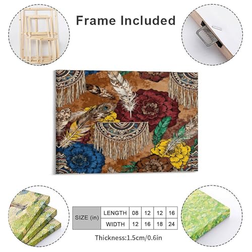 Boho Feather Fringe Art Wall Art Decor Framed 16x12 Inch, Wall Decor Poster for Bedroom Living Room Office Decor (Wooden Inner Frame) - size: 16"L x 12"W