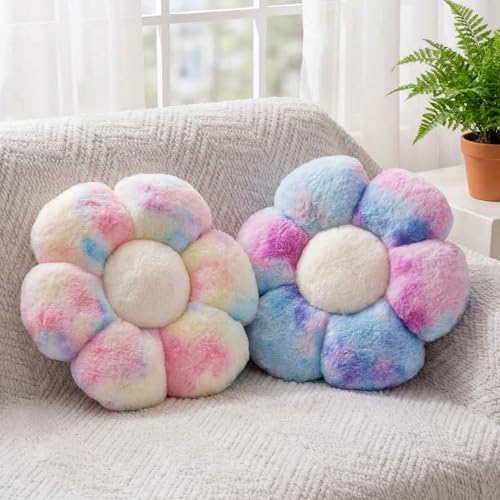 2 Pcs Colorful Throw Pillows, Daisy Shaped Flower Floor Plush Pillows Set, Cute Preppy Room Decor Decorative Throw Pillows for Girls Bedroom Decor (Multicolour Purple & Multicolour Pink, 15 INCH) - color: Multicolour Purple & Multicolour Pink