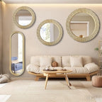 WAMIRRO Gold Round Wood Wall Mount Mirror, 24 Inch Hand Carved Solid Wood Frame Circle Mirror, Farmhouse Boho Decor for Living Room, Bathroom, Bedroom, Hallway & Entryway - size: 24"L x 24"W
