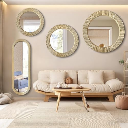 WAMIRRO Gold Round Wood Wall Mount Mirror, 24 Inch Hand Carved Solid Wood Frame Circle Mirror, Farmhouse Boho Decor for Living Room, Bathroom, Bedroom, Hallway & Entryway - size: 24"L x 24"W