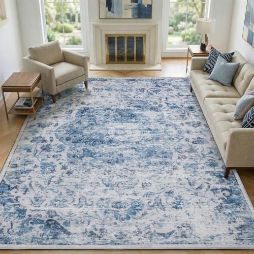 9x12 Washable Area Rug for Living Room, Large Blue Boho Area Rug, Soft Low Pile Non Slip Carpet, Floral Print Mat for Bedroom, Dinning Room,Playroom, Nursery Farmhouse Indoor-Blue/Gray - color: Blue/Grey, size: 9' x 12' (Rectangular)