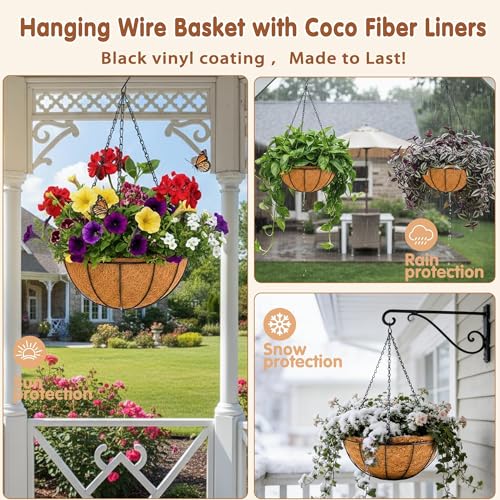 Metal 10 inch Round Planter, 4 Pack Hanging Wire Basket with Coco Fiber Liners, for Outdoor Plants Decoration - size: 10 Inch, style: Watermelon