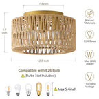 12.6" Rattan Flush Mount Ceiling Light Fixtures, 3-Light Boho Light Fixture Rattan Hand-Woven Chandelier Close to Ceiling Light Fixture for Bedroom Hallway Kitchen Dining Room Nursery(Brown) - color: 12.6”Brown