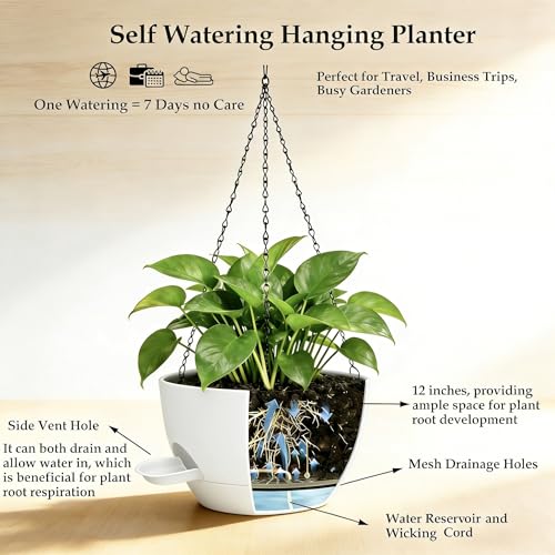 2 Pack Hanging Planters for Indoor Outdoor Plants, 12Inch Self Watering Hanging Pot with Drainage Holes and Saucer, Plastic Plant Pots, White Flower Pots for Kitchen, Balcony, Garden - color: White