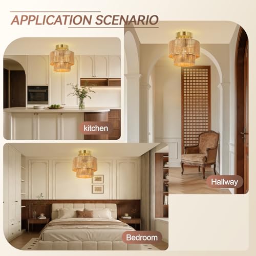 BoostArea 8.66” Boho 2-Tier Rattan Ceiling Light Fixture, Semi Flush Mount Woven Chandelier for Bedroom, Dining Room, Kitchen, Entryway, Living Room(Bulb not Included) - color: Brown
