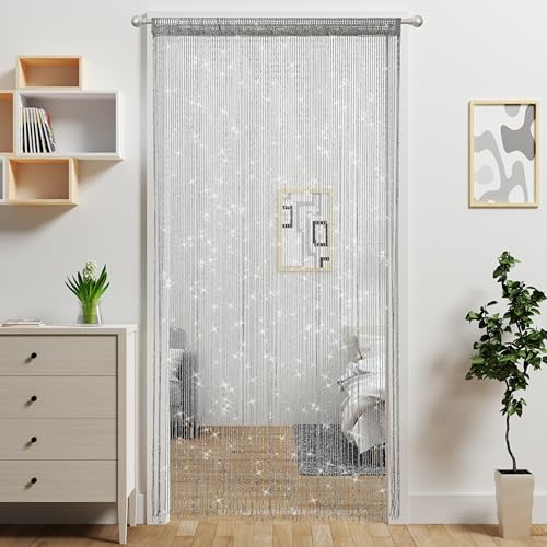 Door String Curtain Doorway Beads Curtains,Hanging Room Divider Beaded Decor Hippie Glitter Fringe Panel Closet Window Doors Sequin Sheer Boho Doors Tassel (Silver) - color: Silver