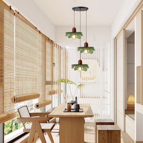 3-Light Green Flower Glass Cluster Pendant Light, Wood Adjustable Cord Hanging Lamp, Farmhouse Boho Ceiling Light Fixture for Kitchen Island Breakfast Nook Dining Table - color: Green, 3 Lights