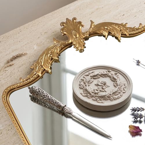 Arched Gold Carved Wall Mirror - 40''x28'' Vintage Gold Large Baroque Wall-Mounted Mirror - Iron Frame with Beaded Trim - Antique French Ornate Mirror for Entryway/Hallway/Fireplace/Bathroom - color: Carving - Vintage Gold (40"l X 28"w)