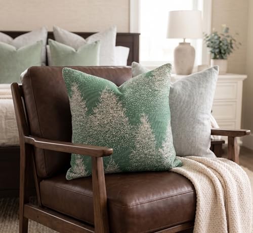 SanVia Cotton Throw Pillow Covers 20x20 – Handwoven Jacquard Texture, Fade-Resistant, No Pilling – Hidden Zipper, Decorative Cushion Cover for Sofa, Couch, Bed – Insert Not Included (Floral, Green) - color: Moss & Snow, size: 20" x 20"