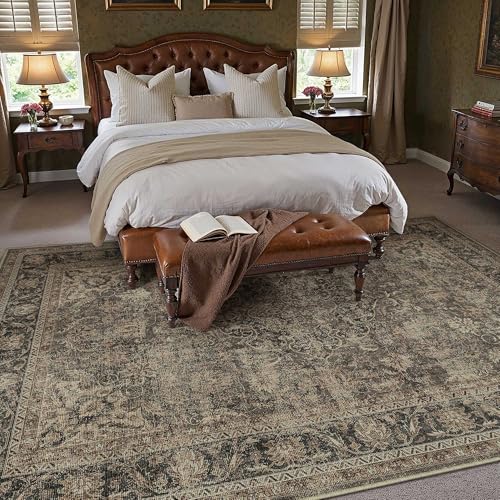 5x7 Washable Area Rug Brown Vintage Non Slip Soft Low Pile Rug for Living Room Bedroom Dining Room Office Distressed Oriental Indoor Throw Carpet for Home Decor - color: Brown/Black, size: 5' x 7' (Rectangular)