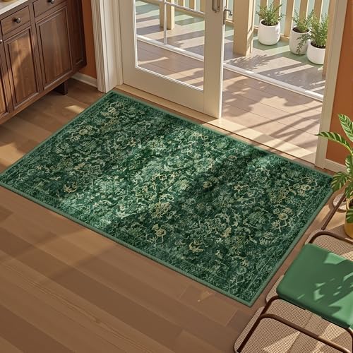 Dark Green 2x4 Runner Rug for Hallways Bed Side Kitchen, Boho Washable Distressed Low-Pile Floor Entryway Long Bathroom Mat, Non-Slip Laundry Room Washstand Front Carpet Green 24x48 Inch - color: Dark Green, size: 2'x4'