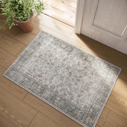 Washable Entryway Small Area Rugs: Door Mat Indoor Entrance 2x3 Boho Rug Stain Resistant Non-Slip Rubber Backing Soft Carpet for Kitchen Front Door Indoor Entrance Entry Bedroom Kids Room - color: Grey and Orange, size: 2' x 3' (Rectangular)