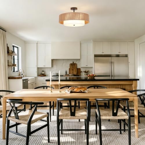 Bohemian Wicker Flush Mount Ceiling Light, 19.7" Double Drum Jute Rope Farmhouse Hanging Pendant Light Fixture, Hand-Woven Semi-Flush Mount Design for Bedroom, Living Room, Dining Room & Entryway - color: 19.7'' Hemp rope&Fabric Gold