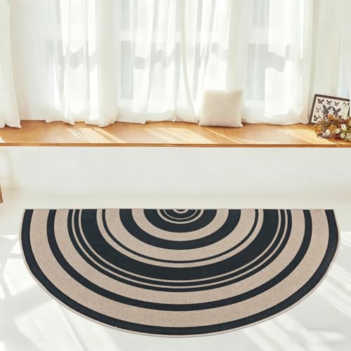 Easy Jute Rug 2.6x5Ft Half Round Rainbow Carpet for Farmhouse Bedroom Entrance, Non-Slip Half Circle Thin Neutral Floor Mat for Living Room Patio Kids Room Kitchen, Indoor Outdoor, Black 1 - color: Black 1, size: 2.6'x5'