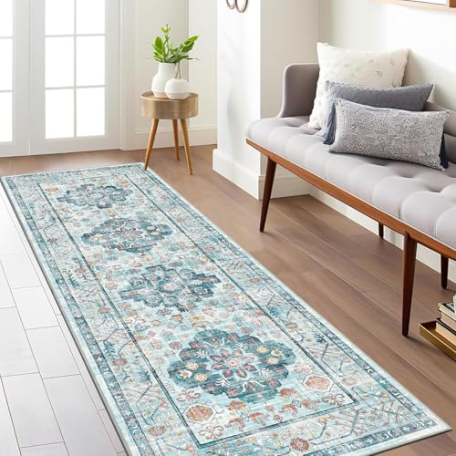 Pauwer Boho Hallway Runner Rug 2x6 Washable Entryway Area Rugs Non Slip Farmhouse Vintage Floor Mat Carpet Runner for Hallways Laundry Room Kitchen Bathroom Bedroom - color: Vintage Distressed Blue, size: 2' x 6' (Runner)