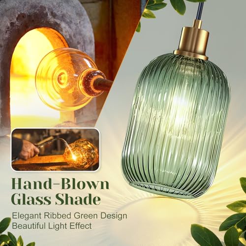 2 Pack Pendant Lights with Vintage Green Ribbed Glass Lampshade, Adjustable Brushed Gold Pendant Lights Fixtures for Kitchen Island Lighting Sink, Dining & Living Room Hallway (Bulbs Not Included) - color: 2 Pack Brushed Gold + Green Glass