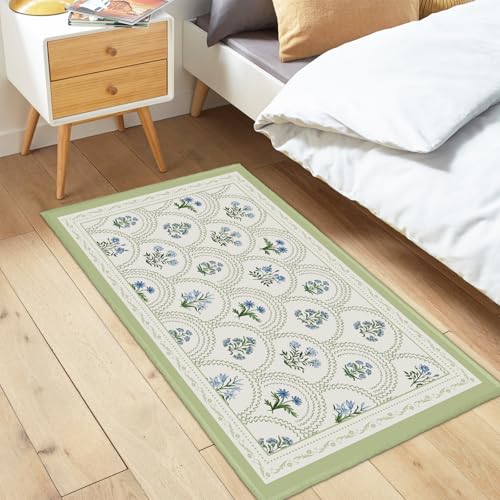Blue Green Floral Block Print Area Rugs for Entryway 2x3 Vintage Flower Spring Summer Decorative Front Door Mat Boho Farmhouse Washable Non-Slip Low Pile Small Rug for Bedroom Bathroom Kitchen - color: Blue Green Floral