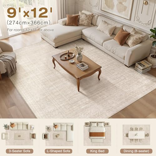 Nakagishi 9x12 Area Rugs Living Room: Washable Large Vintage Rug Neutral Non-Slip Soft Stain Resistant Indoor Carpet for Bedroom Nursery Dining Room Office Playroom - Beige - color: Beige, size: 9' x 12' (Rectangular)