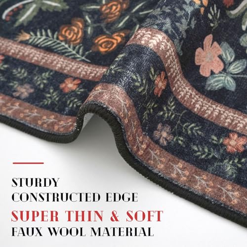 Lansny Boho Entryway Rug 2x3 Washable, Black Navy Floral Kitchen Rug, Super Thin Faux Wool Small Area Rug, Non-Slip Soft Carpet for Foyer, Bedroom, Office - color: Black Navy, size: 2' x 3' (Rectangular)