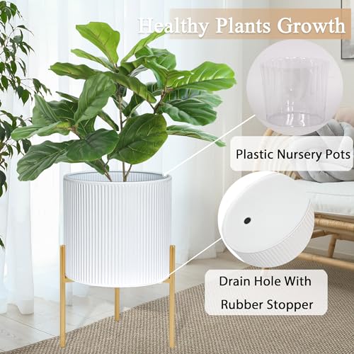 ARNIS Modern Plant Pots, Set of 2 Round Large Planters with Stand, Large Size Metal Pots with Drainage Holes for Living Room, Office, Garden or Balcony, 10.5 &12.25 Inch, White & Gold - color: White, size: 10.5 &12.25
