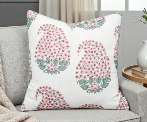 VAGMINE Indian Block Print 20x20 Inch Throw Pillow Cover - Pink Sage Floral Buti Motif on Textured Polyester - Cushion Case for Couch Sofa - Samira Paisley - color: Samira Paisley, size: 20" x 20" (Pack of 1)