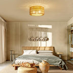 Rattan Ceiling Light Fixture, 3 Light Bohemian Modern Woven Ceiling Light, Boho Flush Mount Ceiling Light for Bedroom Living Room Dining Room, Bulb NOT Included - color: Gold, size: 3-Light-Round