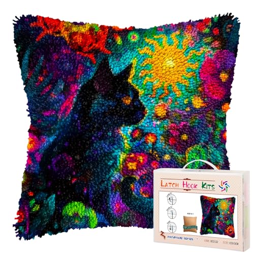 A Black Cat in Abstract Flowers DIY Latch Hook Pillow Kits for Adults Printed Pillowcase Crochet Yarns Hooking Handmade Pillow Cover Cushion for Home Sofa Decoration 17x17inch - color: 02-Black Cat