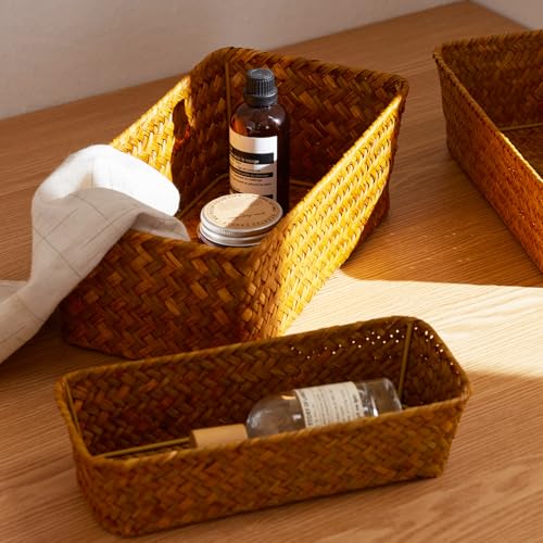 Seagrass Storage Basket, Stackable Open Woven Baskets Bins Container for Organizing Shelves Bedroom Living Room, Set of 3, Natural - size: 3pcs Medium
