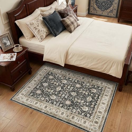 jinchan 3x5 Washable Vintage Area Rug, Distressed Traditional Floral Entryway Accent Rug, Soft Low-Pile Non-Slip Floor Mat for Indoor Foyer, Kitchen Sink Bedroom Bathroom Vanity, Black - color: Oriental Taupe on Black, size: 3' x 5' (Rectangular)