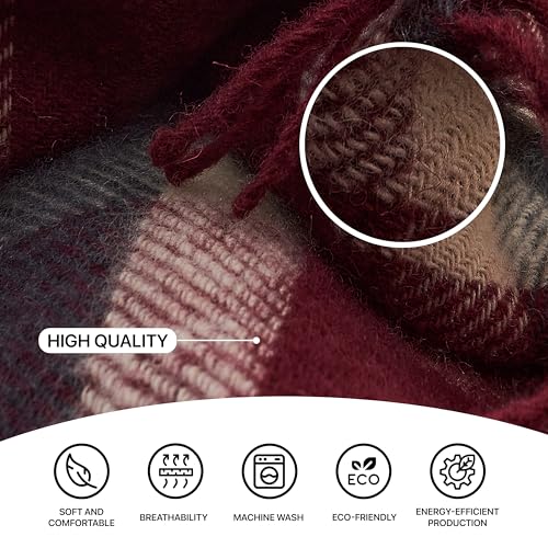 Cozy Wool Blanket, 100% New Zealand Wool, Tartan Design, Red & Blue, 67 x 79 in, Queen Size - color: Red and Blue