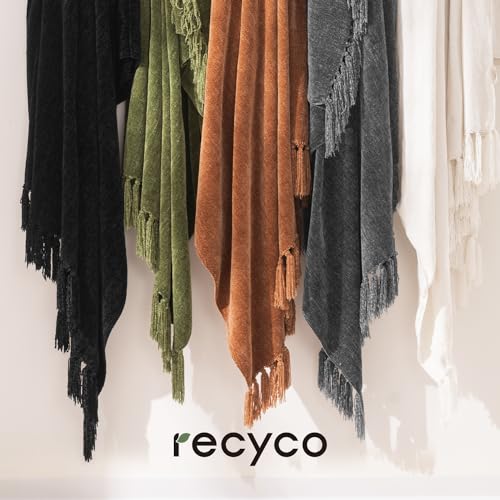 RECYCO Throw Blanket Soft Cozy Chenille Throw Blanket with Fringe Tassel for Couch Sofa Chair Bed Living Room Gift (Black, 60" x 80") - color: Black, size: 60'' X 80''
