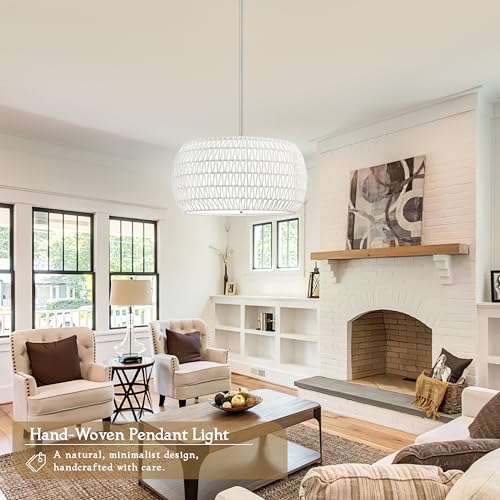 23 inch White 5 Light Rattan Chandelier Rattan Farmhouse Light Fixture Woven Pendant Lights Fabric Shade Boho Chandelier for Kitchen Dinning Room - color: 23"-White-Drum