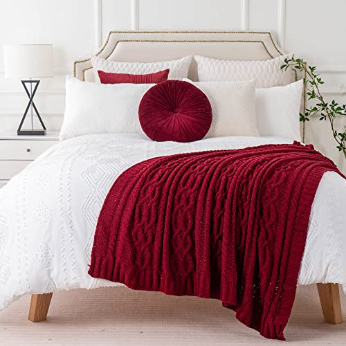 Battilo Christmas Dark Red Throw Blanket for Couch, Bed, Sofa, 51"x67", Woven Chenille Knit Throw Blankets, Gift Blanket, Cozy Warm Decorative Textured Throw Blanket for Living Room - color: Dark Red