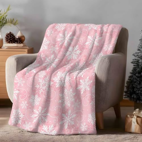 Christmas Throw Blankets, Pink White Snowflakes Pattern Soft Fleece Blanket Decorative for Home Sofa Couch Chair Living Bedroom,40x50 Inches, Winter - color: Christmas-hzf06264, size: 40x50 Inch