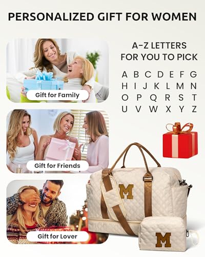 Gifts for Granddaughter-Girl Duffle Bag with Shoe Compartment, Personalized Girl Weekender Bag, Monogram Overnight Bag, Letter Travel Bag with Makeup Bag，Daughter Friend Gifts (Letter S) - color: Beige, style: S